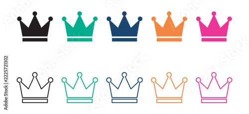 Colorful crown vector icon set with solid and line art king crowns isolated on white background