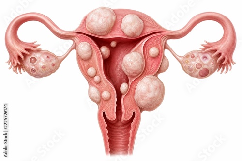 Illustration of a human uterus with multiple fibroids, showcasing the internal structure