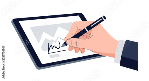Businessman Hand Signing Digital Contract on Tablet with Stylus, Electronic Signature Concept Vector Illustration