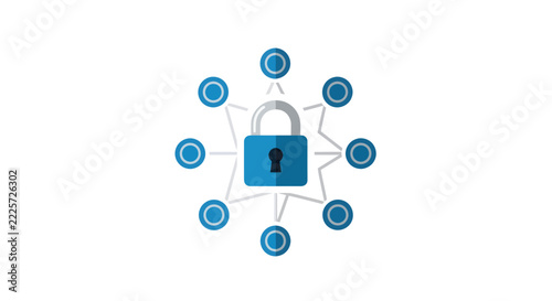 Cybersecurity Network Icon Concept with Central Blue Padlock Representing Data Encryption and Secure Connected System - Vector Illustration