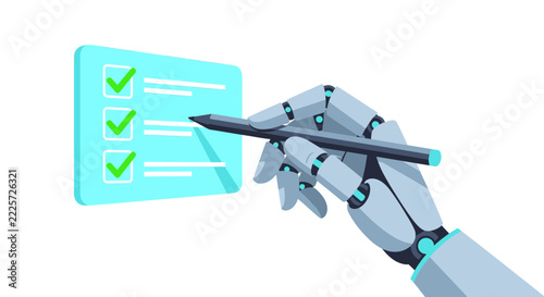 Robot Hand with Stylus Filling Out Digital Checklist on Holographic Screen. Artificial Intelligence Automation, Task Management, and Data Entry Concept Vector.