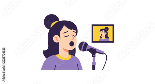 Young Woman Singing into Microphone Flat Vector Illustration for Podcasting and Music Recording Studio Concept