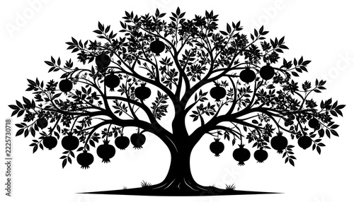 Elegant black silhouette of a vibrant pomegranate tree, richly laden with fruit, ideal for design elements, logos, or botanical illustrations