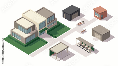 Isometric golf course clubhouse and facilities with golf carts