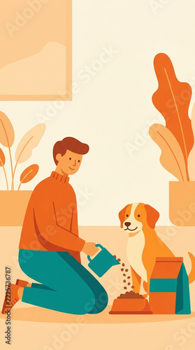 Caring Companion: A man lovingly feeds his dog from a bag of kibble in a warm and inviting home setting, highlighting the bond between pet and owner.