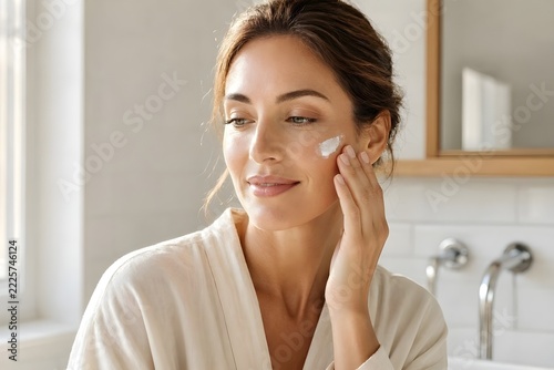 Beautiful Woman Applying Moisturizing Face Cream in Bathroom for Skincare and Anti Aging Beauty Routine