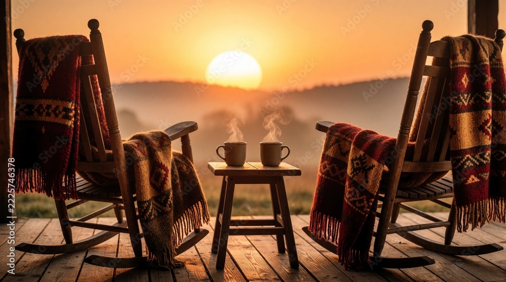Naklejka premium Two wooden rocking chairs with warm blankets sit on porch facing sunset. Small table holds two steaming mugs of coffee between seats. Peaceful evening view over hills, misty valley creates romantic