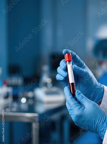 Blood sample in a test tube held by a gloved hand in a laboratory.