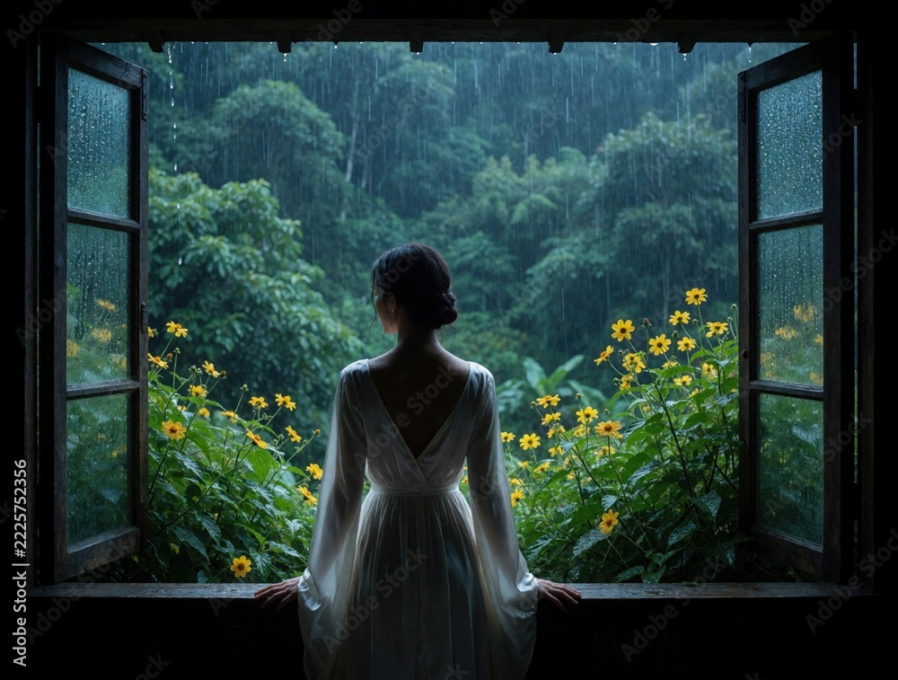 Naklejka premium Backview of woman in white dress standing by open window. Watches heavy rain fall over rich green forest with yellow flowers. Solitary female looks at nature from indoor room during storm. Peaceful