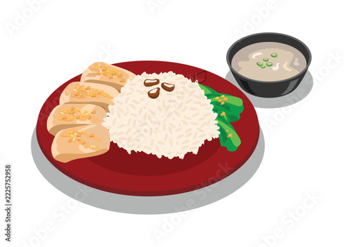 Hainan chicken rice with its soup. Simple flat illustration.