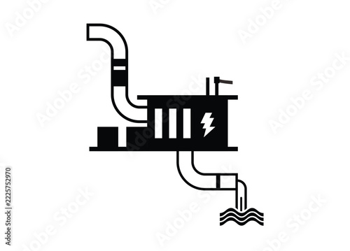 Hydroelectric power station. Simple illustration in black and white.