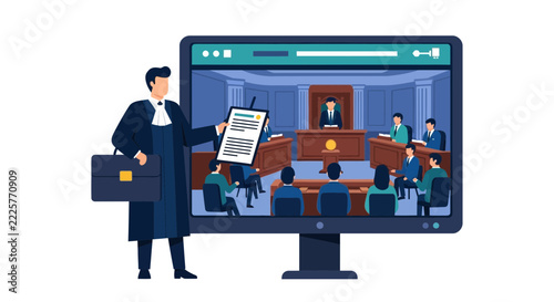 Online Virtual Courtroom Illustration with Lawyer Presenting Evidence on Digital Screen for Remote Legal Services and E-Court Concept