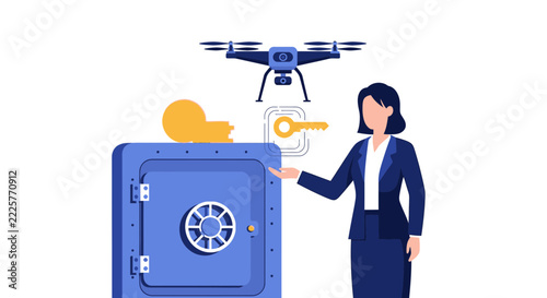 Financial Security and Modern Banking Concept Illustration with Businesswoman, Bank Vault, Gold Coins, and Surveillance Drone
