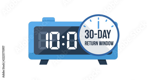 30-Day Return Window Concept Icon with Digital Alarm Clock, Money Back Guarantee and Customer Satisfaction Policy Graphic
