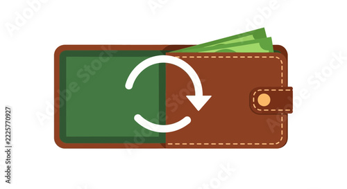 Cash Back and Refund Concept Illustration Featuring a Leather Wallet with Banknotes and a Circular Refresh Arrow Icon