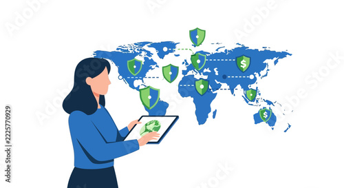 Global Cybersecurity and Financial Protection Concept: Woman Managing International Data Security on a World Map with Tablet