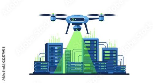 Modern Flat Vector Illustration of a Drone Scanning Data Center Servers for Remote Monitoring and Security