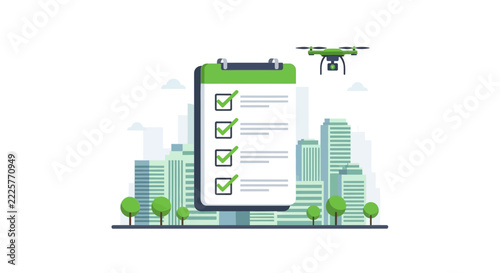 Smart City Drone Monitoring and Pre-flight Checklist Vector Illustration for Logistics and Surveillance Technology