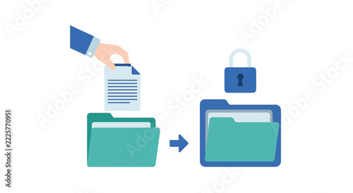 Secure Data Transfer Concept: Hand Moving Document to Locked Protected Folder for Cyber Security and Information Privacy