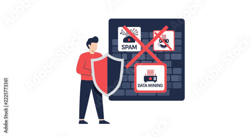 Cyber Security Concept Illustration: Man Protecting Data from Spam and Malicious Data Mining