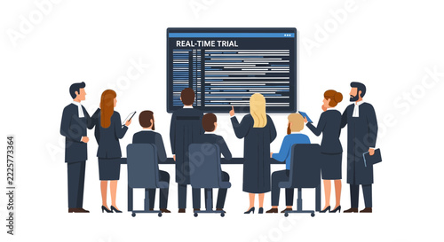 Digital Legal Technology and Real-Time Trial Vector Illustration with Lawyers and Judges in a Courtroom