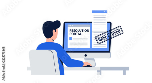 Flat Illustration of a Person Using a Digital Resolution Portal with Case Closed Stamp on Screen for Legal, Insurance, and Customer Support Concepts