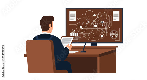 Professional Analyst Monitoring Global Supply Chain and Data Networks on Digital Screen, Vector Illustration for Business Logistics and Analytics