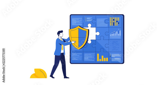 Business Data Protection Concept with Businessman Holding Shield to Secure Information Puzzle Dashboard for Cyber Security and Risk Management