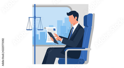 Lawyer or Legal Professional Reviewing Documents on Digital Tablet While Commuting by Train, Law and Justice Concept Flat Vector Illustration