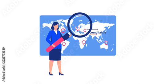 Businesswoman with Magnifying Glass Analyzing Global Compliance on World Map Illustration