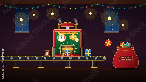 Santa Toy Workshop Conveyor Belt with Copy Space for Christmas Kids Promo.