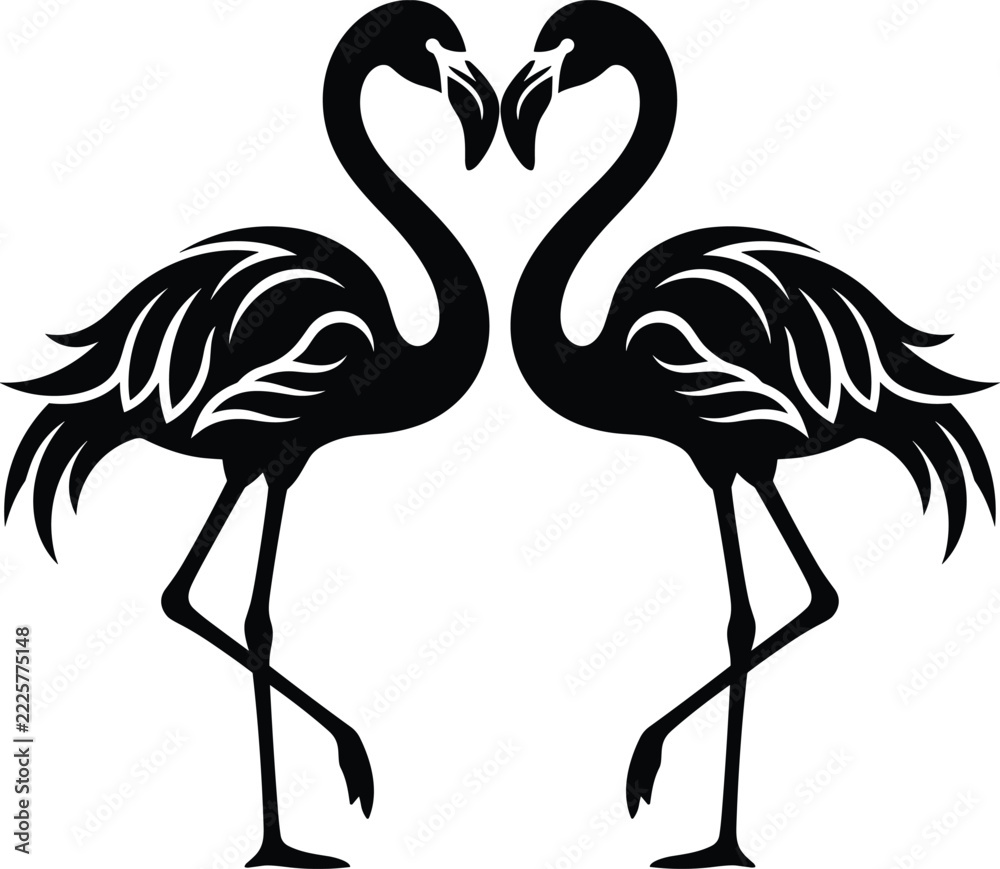 Fototapeta premium Elegant black silhouette vector design of two flamingos forming a heart shape symbol