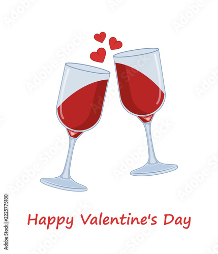 Happy Valentine's Day greeting card vector with wine glasses for restaurant menu and party flyer design. Vector illustration.