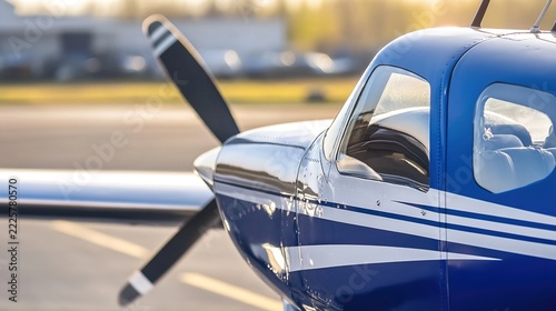 aileron. Close-up of a silver airplane aileron reflecting sunlight on a blue wing. mobility guides, transit brochures, designed for mobility and urban transit guides.