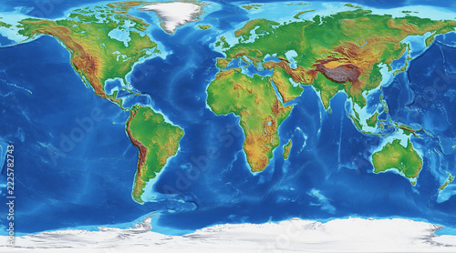 World physical relief map, Atlantic centered, with shaded relief and ocean floor