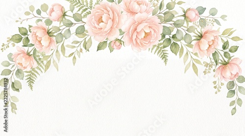 Watercolor Pink Rose and Greenery Floral Arch Border
