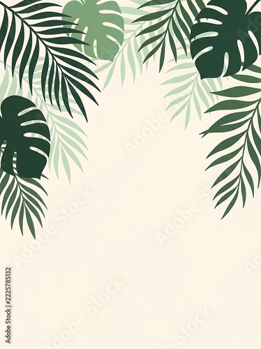 Tropical Palm and Monstera Leaves Border on Cream Background