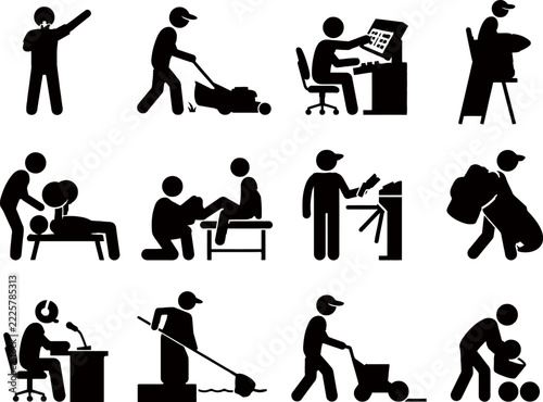 Black silhouette icons of people performing various professional tasks.