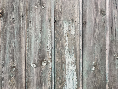 Weathered vertical wooden planks with peeling pale green paint and rustic textured grain surface for background use, textured close-up paneling ideal for design projects and architectural visuals.