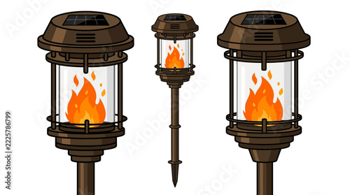illustration of outdoor solar powered flickering flame torch lanterns on white background