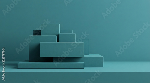 Horizontal teal block arrangement forms wide geometric landscape with architectural depth.