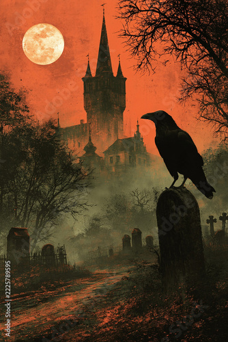 Raven overlooking a gothic castle at night