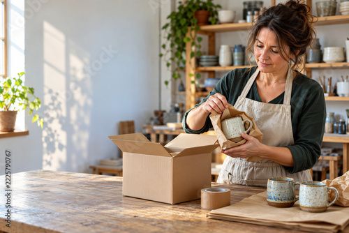 Female Small Business Owner Packaging Handmade Ceramic Mug for Online Order in Sunlit Pottery Studio, Artisan E-Commerce, Sustainable Packaging and Entrepreneurship with Copy Space