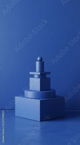 Abstract blue geometric stack with sphere cube and cylinder for creative retail displays.
