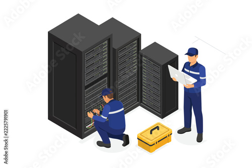 Technicians fixing server rack in data center isolated on white background, Vector, illustration