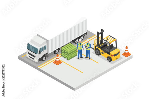Isometric warehouse workers loading truck with forklift isolated on white background, Vector, illustration