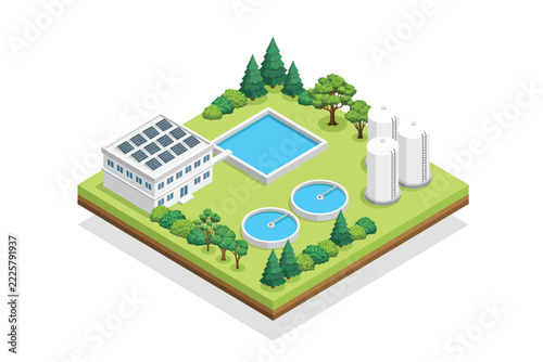 Isometric water treatment plant with green energy panels isolated on white background, Vector, illustration