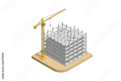 Isometric building under construction with a tower crane isolated on white background, Vector, illustration
