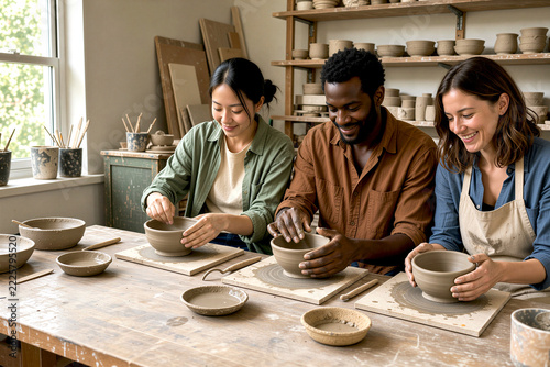 Young Adults Attending Community Pottery Class, Three Smiling Students Shaping Clay Bowls on Pottery Wheels in Creative Ceramic Studio, Hands-On Learning and Collaboration with Copy Space