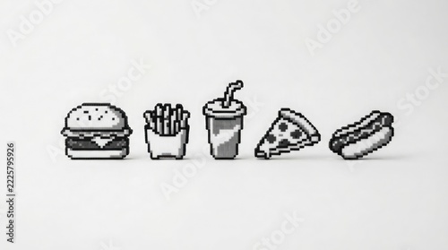 A collection of black and white pixel art icons representing fast food favorites like burgers, fries, soda, pizza, and hot dogs